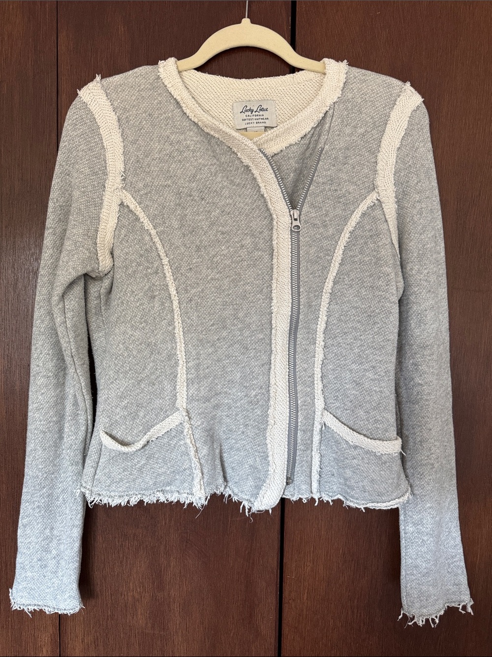 Lucky Light Gray Knit Zip-Front Jacket with Cream Trim